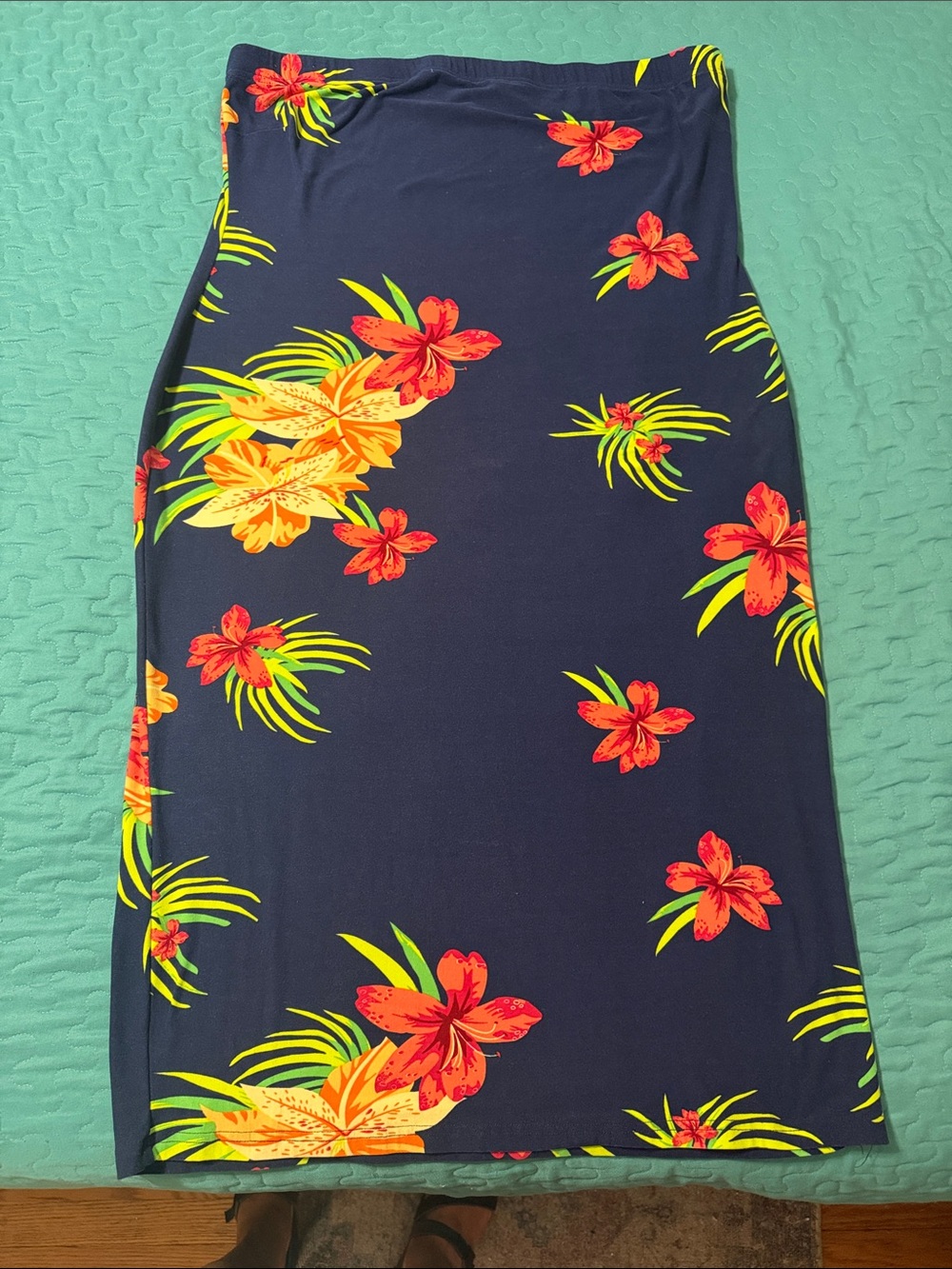 Navy Floral Sarong-Style Swim Coverup with Red & Yellow Blooms